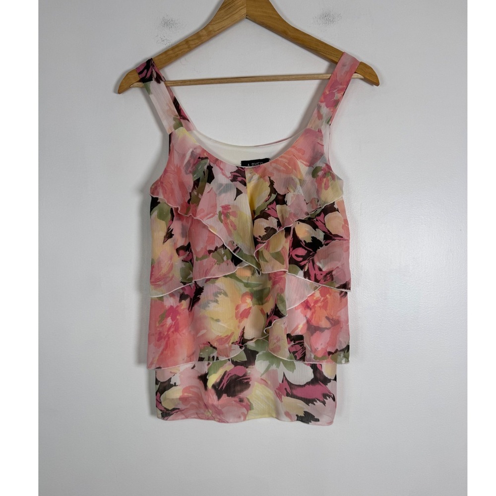 Fairycore A. Byer Women Small Ruffle Tank Top Pink Floral Tiered Chiffon Lined